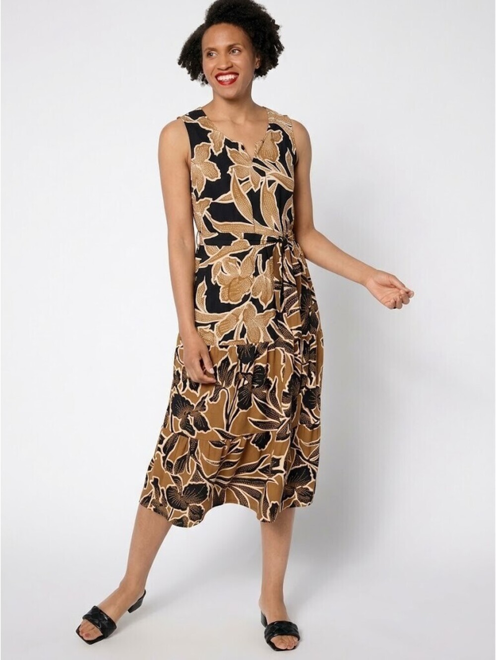 Denim & Co. Regular Slub Jersey Round Neck Tiered Midi Dress Black, X-Small
